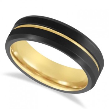 Men's Grooved 18K Yellow Gold PVD & Black PVD Tungsten Band (7mm)