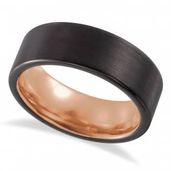 Men's Flat Edge Satin Black Tungsten & 18K Rose Gold PVD Wedding Band (8mm)