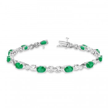 Lab Emerald & Lab Grown Diamond XOXO Link Bracelet in 14k White Gold (6.65ct)