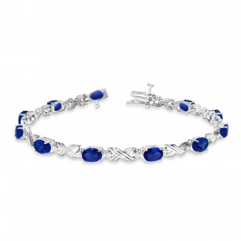 Lab Blue Sapphire & Lab Grown Diamond XOXO Link Bracelet in 14k White Gold (6.65ct)