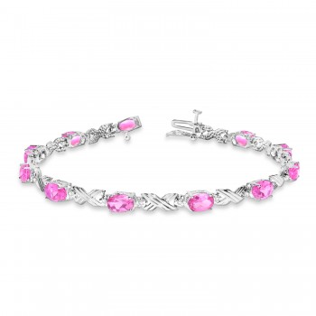 Lab Pink Sapphire & Lab Grown Diamond XOXO Link Bracelet in 14k White Gold (6.65ct)