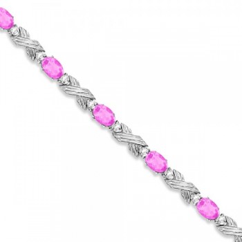 Lab Pink Sapphire & Lab Grown Diamond XOXO Link Bracelet in 14k White Gold (6.65ct)