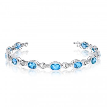 Oval Blue Topaz & Diamond Link Bracelet 14k White Gold (9.62ctw)