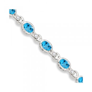 Oval Blue Topaz & Diamond Link Bracelet 14k White Gold (9.62ctw)