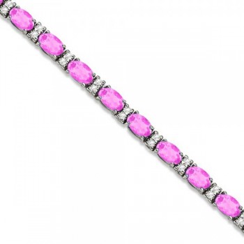 Diamond & Oval Cut Pink Sapphire Tennis Bracelet 14k White Gold (9.25ct)