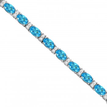 Diamond & Oval Cut Blue Topaz Tennis Bracelet 14k White Gold (9.25ct)