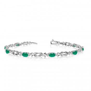 Oval Emerald & Diamond Love Knot Bracelet 14k White Gold (2.05ctw)