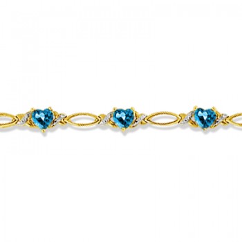 Heart Shape Blue Topaz & Diamond Link Bracelet 14k Yellow Gold (3.00ctw)