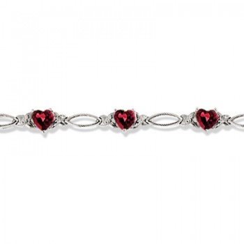 Heart Shaped Garnet & Diamond Link Bracelet 14k White Gold (3.00ctw)