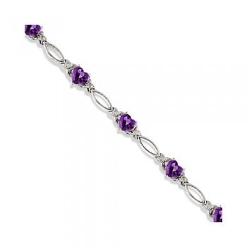 Heart Shaped Amethyst & Diamond Link Bracelet 14k White Gold (3.00ctw)