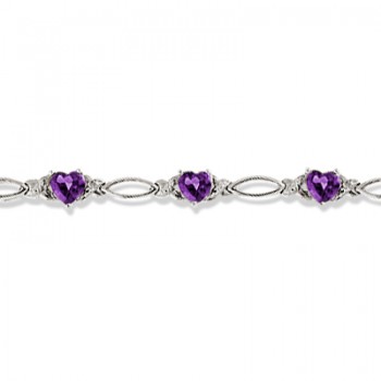 Heart Shaped Amethyst & Diamond Link Bracelet 14k White Gold (3.00ctw)