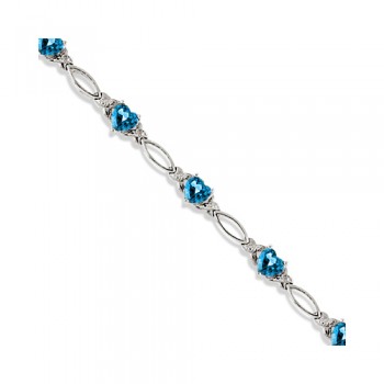 Heart Shaped Blue Topaz & Diamond Link Bracelet 14k White Gold (3.00ctw)