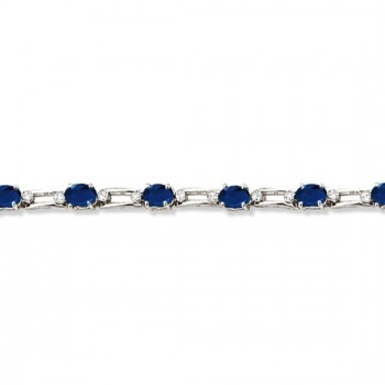 Diamond & Oval Blue Sapphire Link Bracelet 14k White Gold (7.50ct)