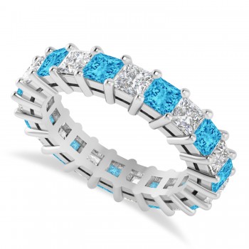 Princess Diamond & Blue Topaz Wedding Band 14k White Gold (4.18ct)