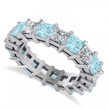 Princess Diamond & Aquamarine Wedding Band 14k White Gold (5.61ct)