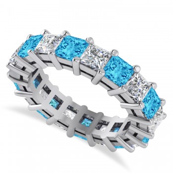 Princess Diamond & Blue Topaz Wedding Band 14k White Gold (5.61ct)