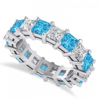 Princess Diamond & Blue Topaz Wedding Band 14k White Gold (5.94ct)