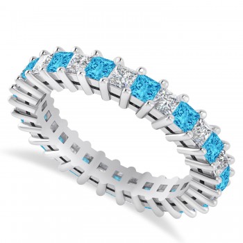 Princess Diamond & Blue Topaz Wedding Band 14k White Gold (2.32ct)