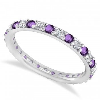 Diamond & Amethyst Eternity Wedding Band 14k White Gold (0.87ct)