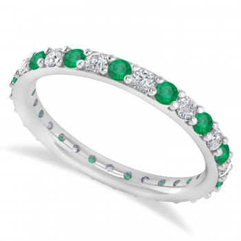 Diamond & Emerald Eternity Wedding Band 14k White Gold (0.87ct)