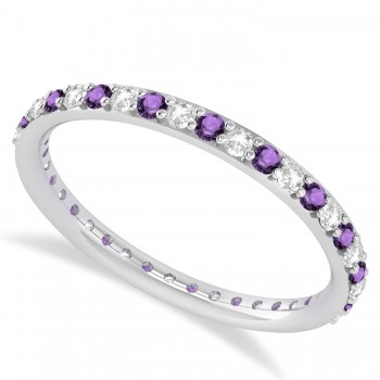 Diamond & Amethyst Eternity Wedding Band 14k White Gold (0.57ct)