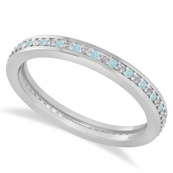 Diamond & Aquamarine Eternity Wedding Band 14k White Gold (0.28ct)