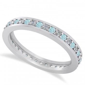 Diamond & Aquamarine Eternity Wedding Band 14k White Gold (0.59ct)