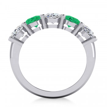 Oval Diamond & Emerald Five Stone Ring 14k White Gold (4.70ct)