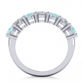 Oval Diamond & Aquamarine Seven Stone Ring 14k White Gold (2.70ct)