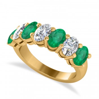 Oval Diamond & Emerald Seven Stone Ring 14k Yellow Gold (3.58ct)