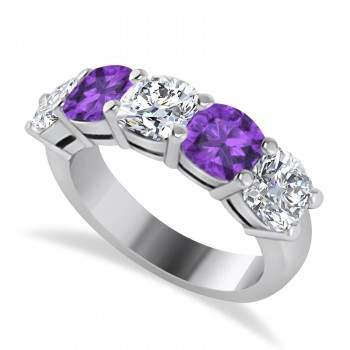 Cushion Diamond & Amethyst Five Stone Ring 14k White Gold (2.70ct)