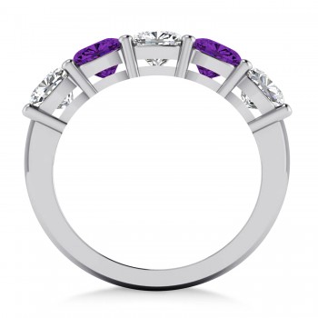 Cushion Diamond & Amethyst Five Stone Ring 14k White Gold (2.70ct)