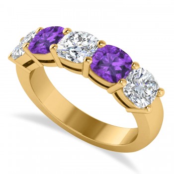 Cushion Diamond & Amethyst Five Stone Ring 14k Yellow Gold (2.70ct)