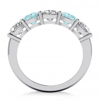 Cushion Diamond & Aquamarine Five Stone Ring 14k White Gold (2.70ct)