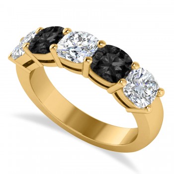 Cushion Black & White Diamond Five Stone Ring 14k Yellow Gold (2.50ct)