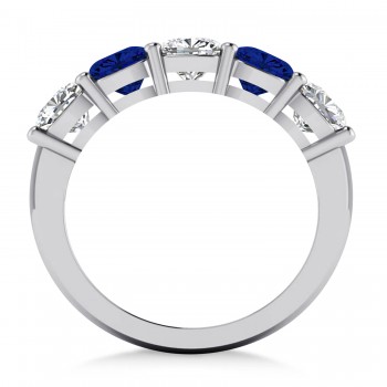 Cushion Diamond & Blue Sapphire Five Stone Ring 14k White Gold (2.70ct)