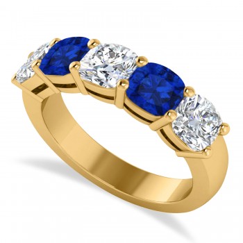 Cushion Diamond & Blue Sapphire Five Stone Ring 14k Yellow Gold (2.70ct)