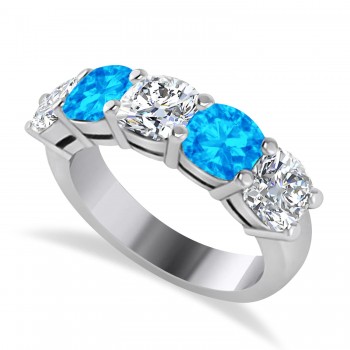 Cushion Diamond & Blue Topaz Five Stone Ring 14k White Gold (2.70ct)