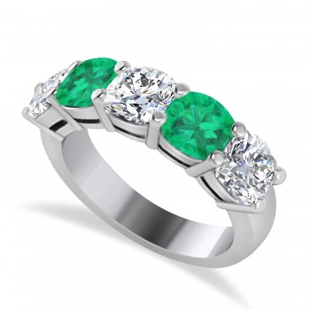 Cushion Diamond & Emerald Five Stone Ring 14k White Gold (2.70ct)