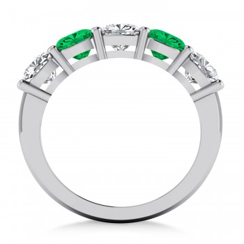 Cushion Diamond & Emerald Five Stone Ring 14k White Gold (2.70ct)