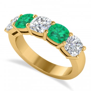 Cushion Diamond & Emerald Five Stone Ring 14k Yellow Gold (2.70ct)