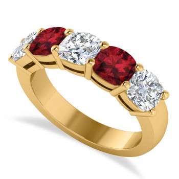 Cushion Diamond & Garnet Five Stone Ring 14k Yellow Gold (2.70ct)