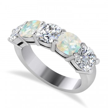 Cushion Diamond & Opal Five Stone Ring 14k White Gold (2.70ct)