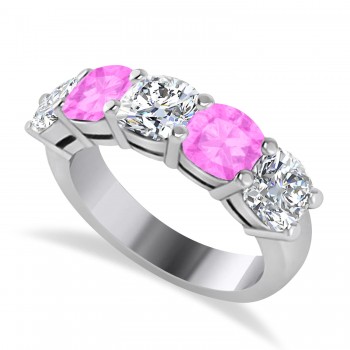 Cushion Diamond & Pink Sapphire Five Stone Ring 14k White Gold (2.70ct)