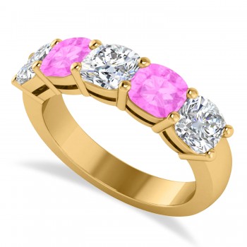 Cushion Diamond & Pink Sapphire Five Stone Ring 14k Yellow Gold (2.70ct)