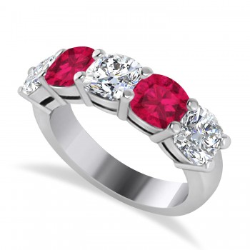 Cushion Diamond & Ruby Five Stone Ring 14k White Gold (2.70ct)