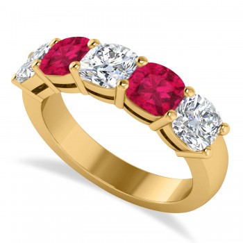 Cushion Diamond & Ruby Five Stone Ring 14k Yellow Gold (2.70ct)