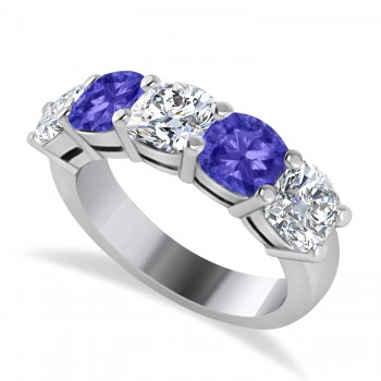 Cushion Diamond & Tanzanite Five Stone Ring 14k White Gold (2.70ct)