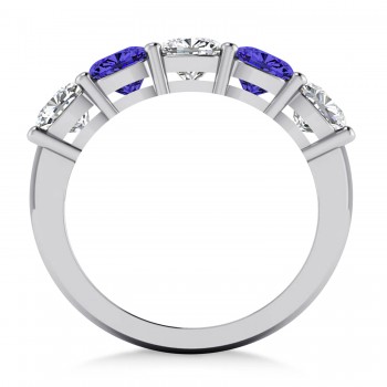 Cushion Diamond & Tanzanite Five Stone Ring 14k White Gold (2.70ct)