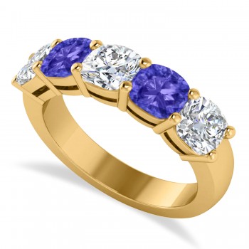 Cushion Diamond & Tanzanite Five Stone Ring 14k Yellow Gold (2.70ct)